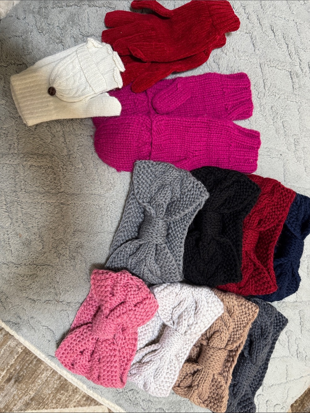 Knit Bow Headband and Mitten Set - Pink, Gray, Red, Cream, Black